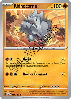 Carte Pokémon Rhinocorne  n°111 de la série 151