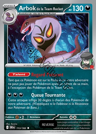 Carte Pokémon Arbok de la Team Rocket  Reverse n°113 de la série Rivalités Destinées