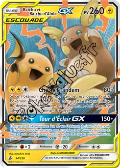 Carte Pokémon Raichu et Raichu d’Alola GX n°54 de la série Harmonie des Esprits